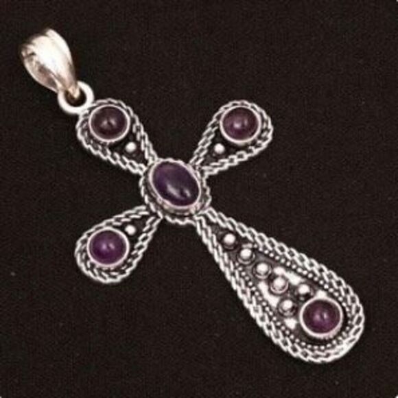 Cross Amethyst Necklace - Natural Amethyst Necklace - Purple  Stunning Amethyst Gemstone Cross Beaded Pendant Necklace Sterling Silver New